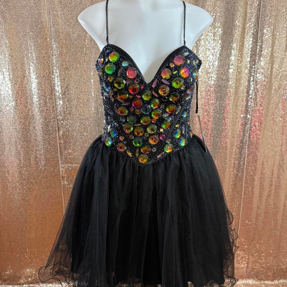 Poly USA Black Sequin Corset Dress Rainbow Rhinestone Tulle Homecoming/Size L
